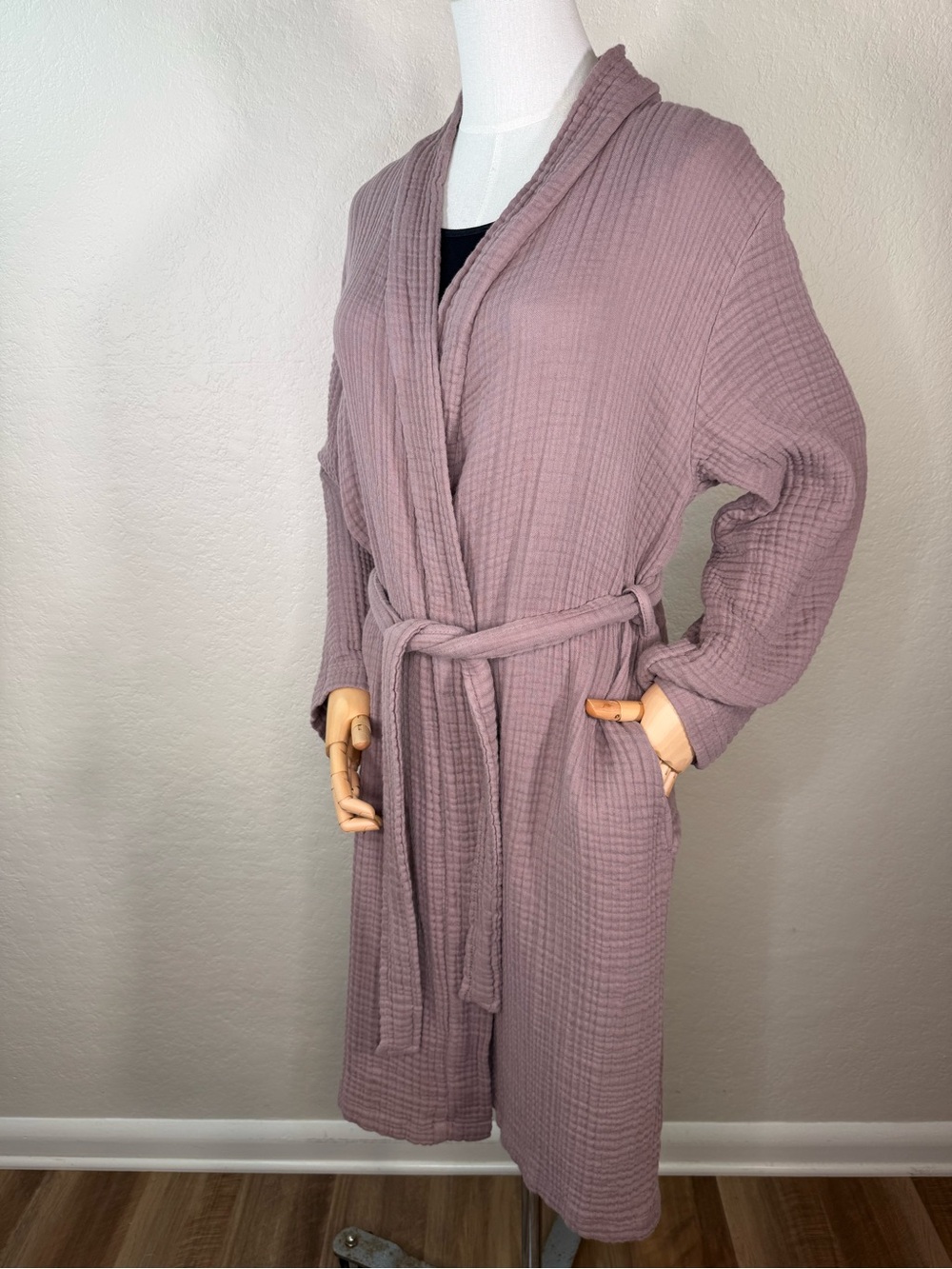 Parachute Robe Waffle Textured Cotton Gauze Kimono Belted 3/4 Sleeve SMALL EUC - Picture 12 of 16